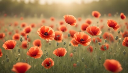 Obraz premium A serene field of red poppies gently swaying in the sunlight, a beautiful spring scene.