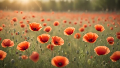 Fototapeta premium Vibrant red poppies bloom brightly in a sunlit field, creating a beautiful landscape.