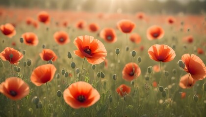 Fototapeta premium A field of vibrant red poppies blooms beautifully, catching the warm summer sunlight.