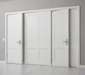 Sleek white wood doors, different configurations, studio shot , interior design, clean, minimal