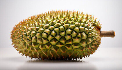 whole fresh durian fruit with spiky shell on white background
