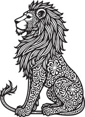 This image features a striking black and white illustration of a seated lion shown in profile. The artwork combines detailed line work with ornate patterns throughout the lion's body. The lion's face 