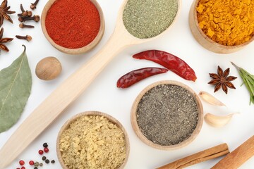 Different aromatic spices isolated on white, top view