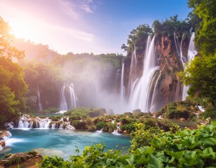 Fototapeta premium Un majestuoso paisaje montañoso captura la serena belleza de las cascadas que se desbordan por exuberantes laderas verdes. El agua centellea al caer sobre acantilados rocosos, rodeados de densa vegeta