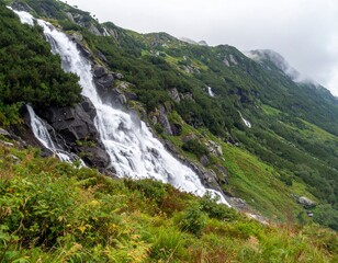 Un majestuoso paisaje monta&ntilde;oso captura la serena belleza de las cascadas que se desbordan por exuberantes laderas verdes. El agua centellea al caer sobre acantilados rocosos, rodeados de densa vegeta