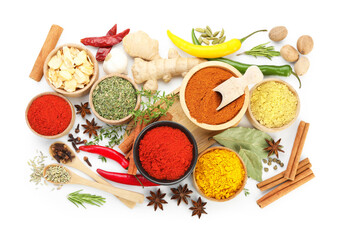 Different aromatic spices isolated on white, top view