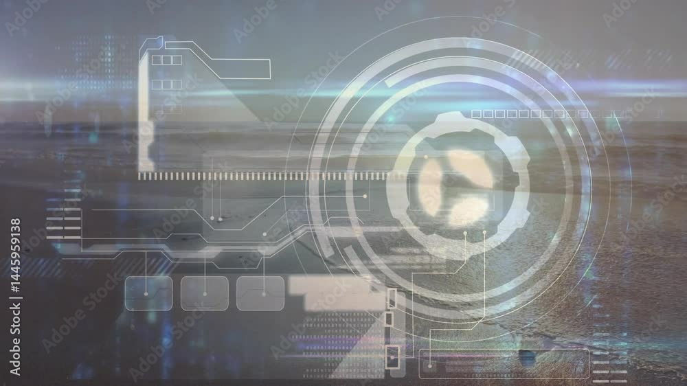 Poster animated hud interface floating over calm ocean surface, with concentric circles projecting data