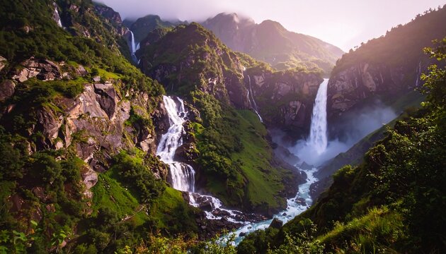 Un majestuoso paisaje monta&ntilde;oso captura la serena belleza de las cascadas que se desbordan por exuberantes laderas verdes. El agua centellea al caer sobre acantilados rocosos, rodeados de densa vegeta