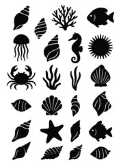 Black Marine Life and Seashell Silhouettes Vector Collection
