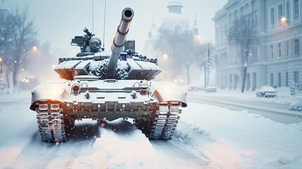 Military tank driving through snowy city street du winter with snow-covered buildings and cloudy sky creating a cold and snowy urban environment scene