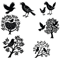 bird silhouette , black bird, bird seating, wing, bird, feather, flight, fly, flying, freedom, silhouette, wildlife, illustration, pigeon, set, wild, black, nature, vector