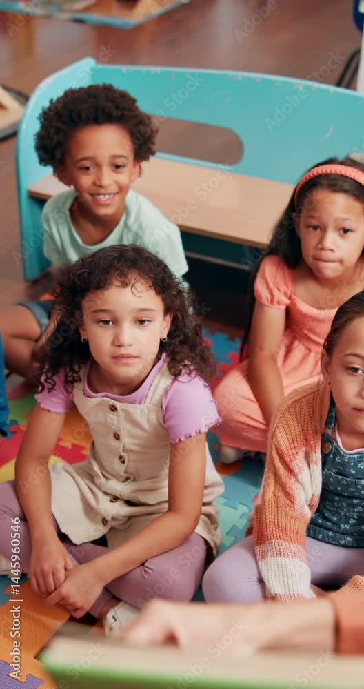 Poster education, book and question with kids in classroom for child development, learning and reading. aca