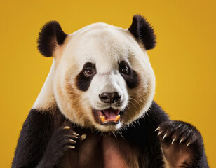 Fototapeta premium Panda looking surprised, reacting amazed, impressed, standing over a yellow background