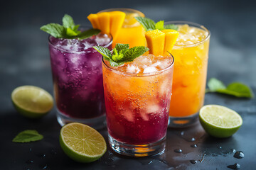 colorful fresh cocktails with tropical fruit garnish