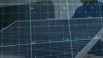 Technician adjusting solar panel in lab, showcasing renewable energy through turquoise grid overlay