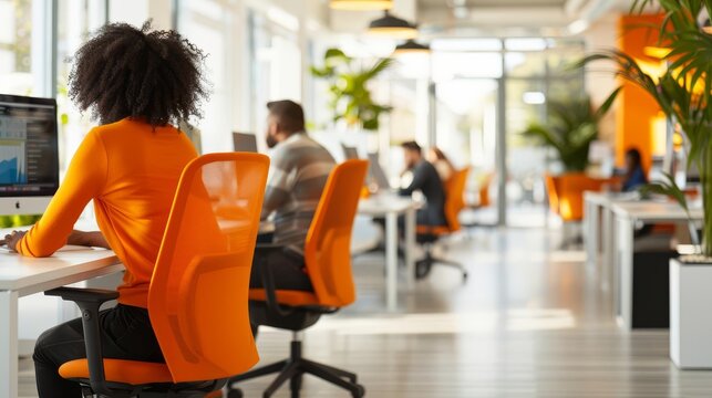Modern open plan office workspace with ergonomic chairs and diverse employees working collaboratively in a bright, well-lit environment with plants