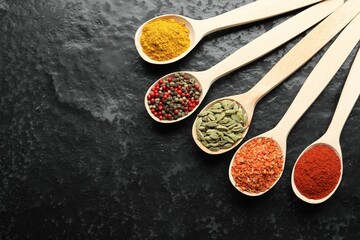 Many different spices in spoons on black table, flat lay. Space for text
