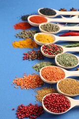 Different aromatic spices in spoons on blue background, closeup