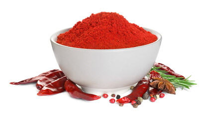 Many different aromatic spices on white background