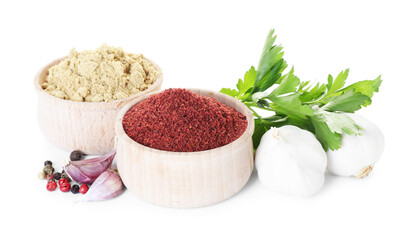 Many different aromatic spices on white background