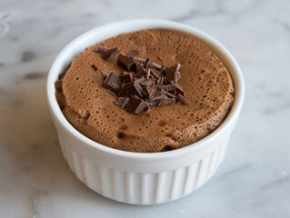 Chocolate dessert in white dish on marble surface