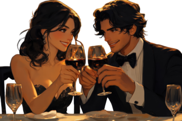 Elegant couple toasting wine romantic dinner date warm lighting artistic digital painting stylish