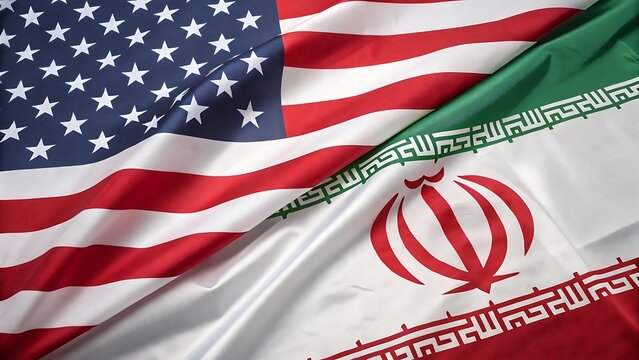 United States and Iran Flags: An abstract display of the American and Iranian flags, intersecting to symbolize the multifaceted relationship between the two nations.