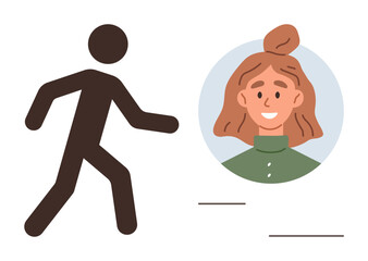 Black stick figure walking toward a circular user avatar. Ideal for identity verification, user access, profile creation, login process, navigation assistance, onboarding, simple landing page