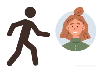  Black stick figure walking toward a circular user avatar. Ideal for identity verification, user access, profile creation, login process, navigation assistance, onboarding, simple landing page © robu_s