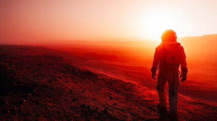 Astronaut exploring the Martian landscape during a stunning sunset