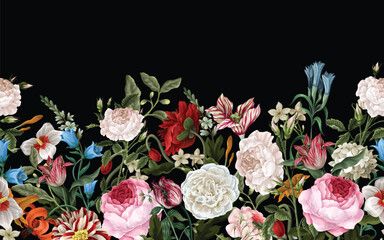 Border pattern with oil painting rococo still-lifes flowers. Vector.