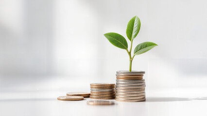 a conceptual scene of a green sprout growing from a stack of coin
