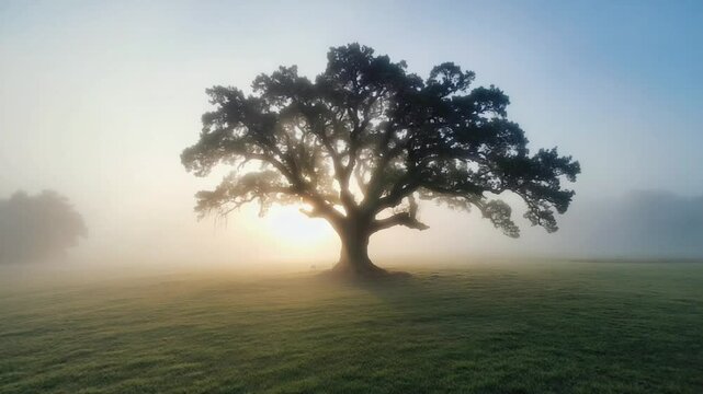 A vast, ancient oak tree tall in a forest soft morning fog. gnarled branches stretch wide sway gently wind. mist swirls trunk, sense of mystery. fog swirling like smoke