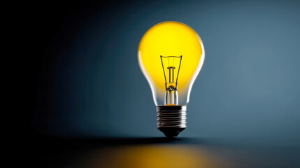 Bright yellow light bulb glowing against a dark background highlighting its design
