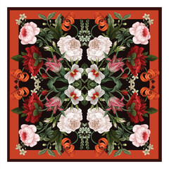 Design scarf with oil painting rococo still-lifes flowers. Vector.