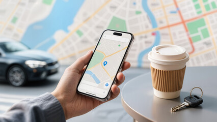 a dynamic scene of a smartphone with a visible GPS map, coffee cup to-go