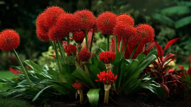 Numerous vibrant scarlet blood lily flowers in a lush garden setting, with  green leaves and textured ground, creating an exotic botanical display.