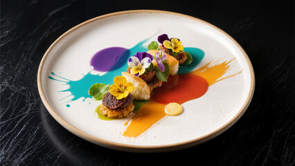 a colorful top-down view of a gourmet dish arranged on a ceramic plate