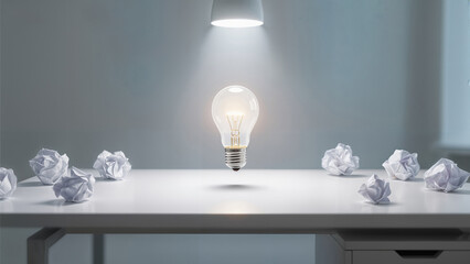 a glowing classic light bulb floating in mid-air above a white desk