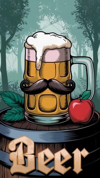Beer mug with foam and mustache on the keg near red apple and leaf. Funny craft drink illustration. Oktoberfest invitation card. Forest scene and beer concept.