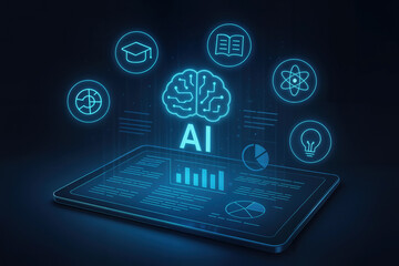 creative artificial intelligence symbol and human head sketch on laptop screen. 3 d render