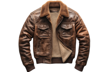 Rugged brown leather bomber jacket shearling collar classic aviator style fall winter fashion
