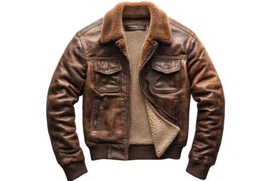 Rugged brown leather bomber jacket shearling collar classic aviator style fall winter fashion