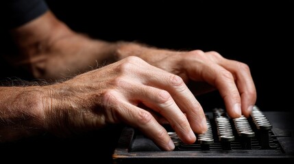 Fototapeta premium Close-Up of Hands Typing on Vintage Typewriter in Dim Light