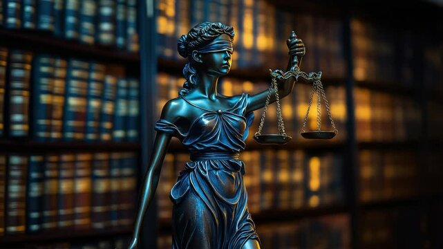 Lady Justice Statue in the Library: The iconic Lady Justice statue stands serene, holding scales and blindfolded, in front of a vast library, symbolizing fairness and the pursuit of truth.