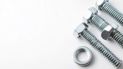 Close up of steel anchor bolts and washer set arranged on a clean white background, creating a minimalist and industrial aesthetic
