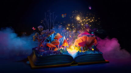 Obraz premium Vibrant magical landscape emerging from an open book with colorful mushrooms and butterflies