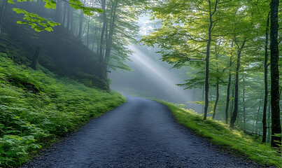 Misty forest path sunlight