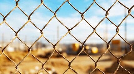 Fototapeta premium Weathered chain link fence surrounding construction zone, metal equipment blurred behind, protective barrier against potential intrusion