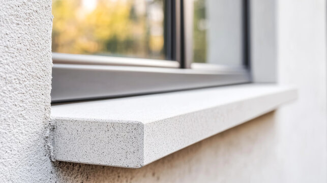 Minimalist white window sill with gentle slope, showcasing architectural water drainage design and sleek contemporary styling